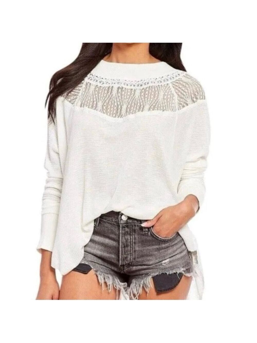 Free People White Lace Thermal Top Size XS Oversized Boho